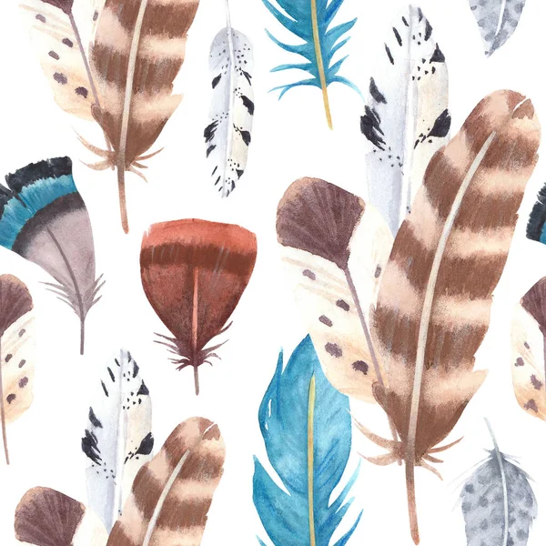 Hand drawn watercolor vibrant feathers seamless pattern — Stock Photo, Image