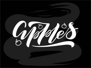 Pankart, el ilanı, poster, kıyafet, logo ve reklam tasarımı için elmaların vektör çizimi. Şablon, reklam panosu ve baskı için el yazısıyla yazılmış metin. Fırça kalemiyle yapılmış meyve dükkanı tabelası