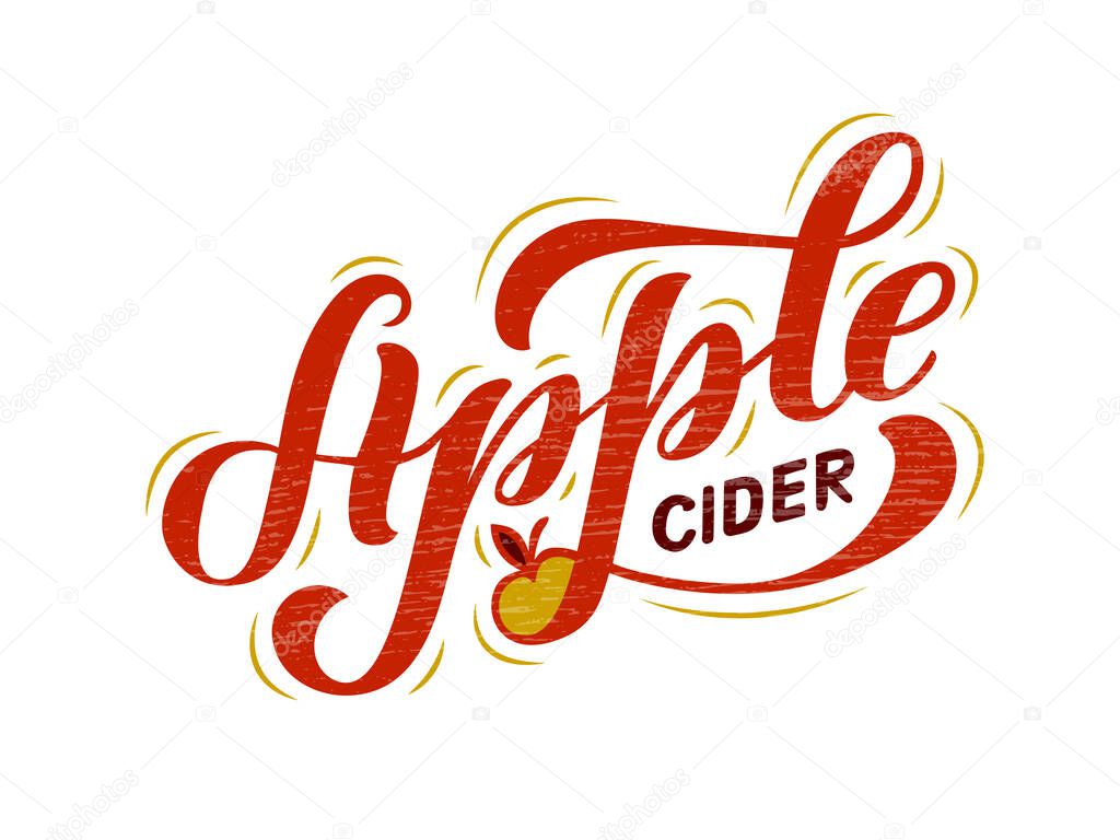 Vector illustration of apple cider brush lettering for banner, flyer, poster, clothes, patisserie, bistro, cafe logo, advertisement design. Handwritten text for template, signage, billboard, print