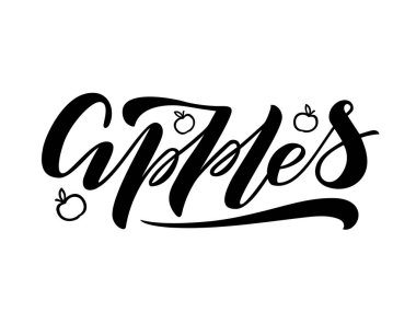 Pankart, el ilanı, poster, kıyafet, logo ve reklam tasarımı için elmaların vektör çizimi. Şablon, reklam panosu ve baskı için el yazısıyla yazılmış metin. Fırça kalemiyle yapılmış meyve dükkanı tabelası