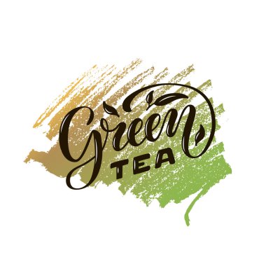 Paket, afiş, el ilanı, poster, bistro, kafe, dükkan tabelası, reklam tasarımı için yeşil çay fırçası harflerinin vektör çizimi. Şablon, imza, ilan tahtası, yazdırma için el yazısıyla yazılmış metin 