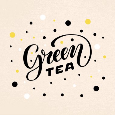 Paket, afiş, el ilanı, poster, bistro, kafe, dükkan tabelası, reklam tasarımı için yeşil çay fırçası harflerinin vektör çizimi. Şablon, imza, ilan tahtası, yazdırma için el yazısıyla yazılmış metin 