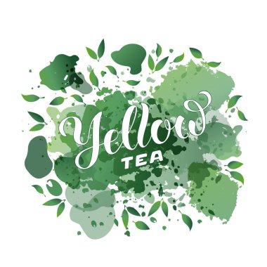 Paket, afiş, el ilanı, poster, bistro, kafe, dükkan tabelası, reklam tasarımı için sarı çay fırçası harflerinin vektör çizimi. Şablon, imza, ilan tahtası, yazdırma için el yazısıyla yazılmış metin 