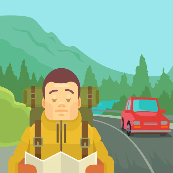 Hitchhiking concepto de turismo. Hombre personaje mantenga mapa. Vector plano ilustración de dibujos animados — Archivo Imágenes Vectoriales