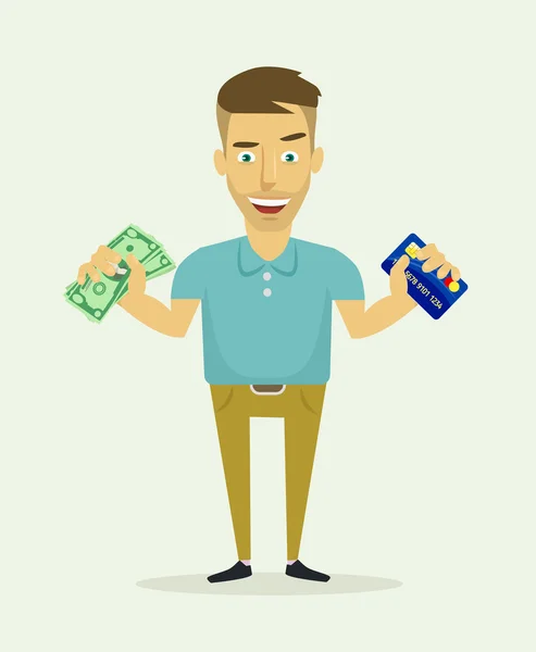 Man karakter houdt geld en credit card. Vectorillustratie platte cartoon — Stockvector