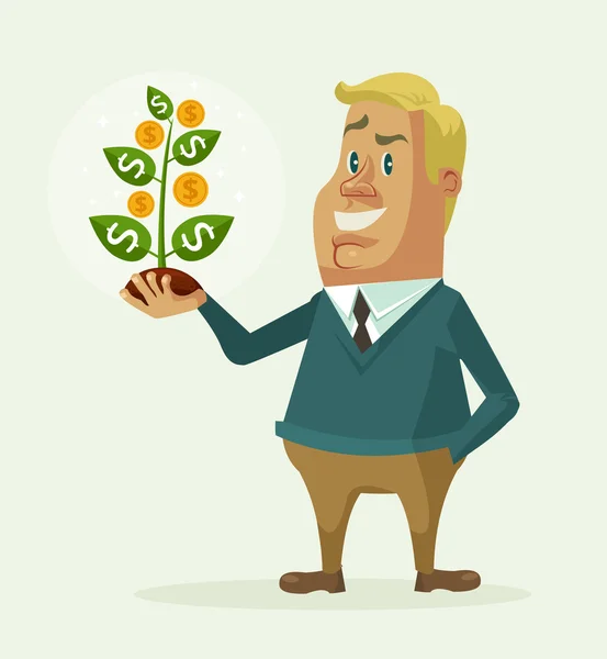 Geschäftsmann Charakter halten Geld Baum. Vektor flache Cartoon-Illustration — Stockvektor