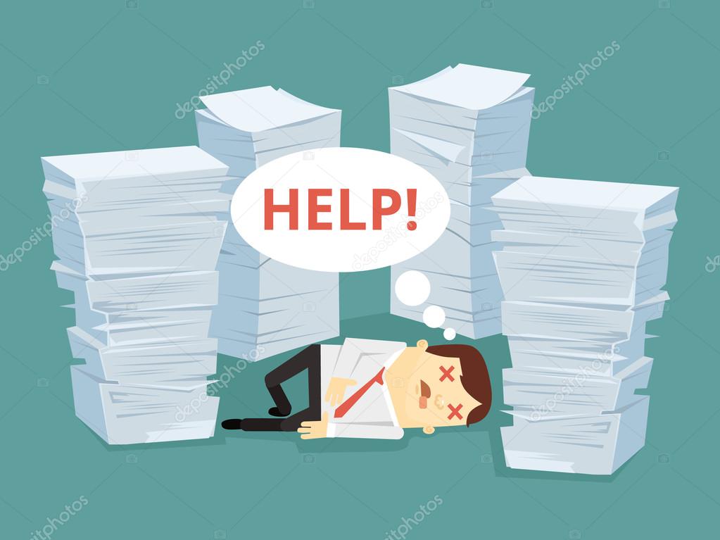 Office worker character has lot of works laying on floor. Vector flat cartoon illustration