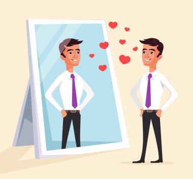 Narcissistic man character looks at mirror. Vector flat cartoon illustration clipart