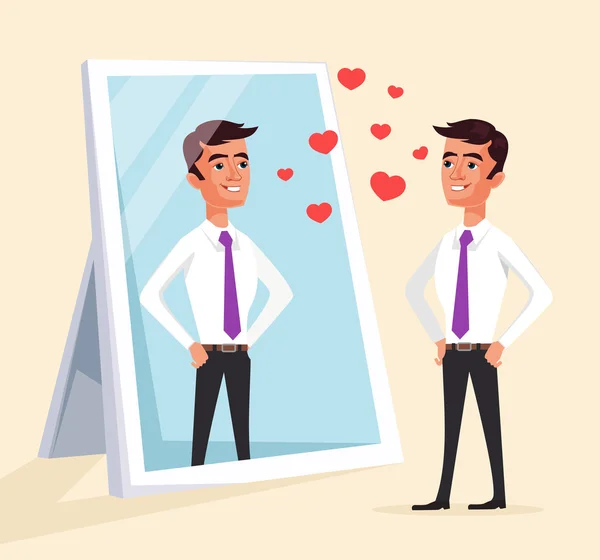 El personaje narcisista del hombre mira al espejo. Vector plano ilustración de dibujos animados — Vector de stock