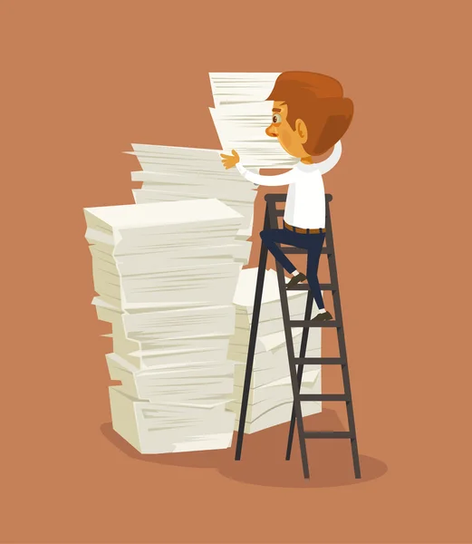 Caractère d'homme d'affaires et grosse pile de papiers. Illustration vectorielle de dessin animé plat — Image vectorielle