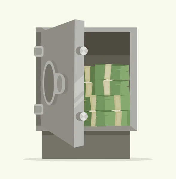 Apri una cassaforte piena di soldi. illustrazione del fumetto piatto vettoriale — Vettoriale Stock