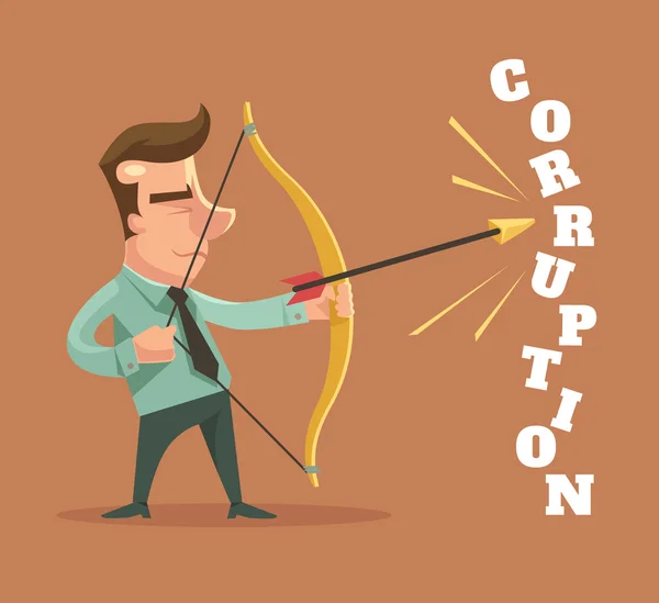 Parem com a corrupção. Um homem quebrou a palavra corrupção. Ilustração de desenho animado plano vetorial —  Vetores de Stock
