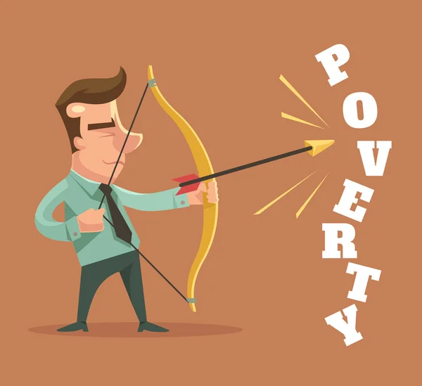 Parem a pobreza. O personagem do homem quebrou a palavra pobreza. Ilustração de desenho animado plano vetorial —  Vetores de Stock