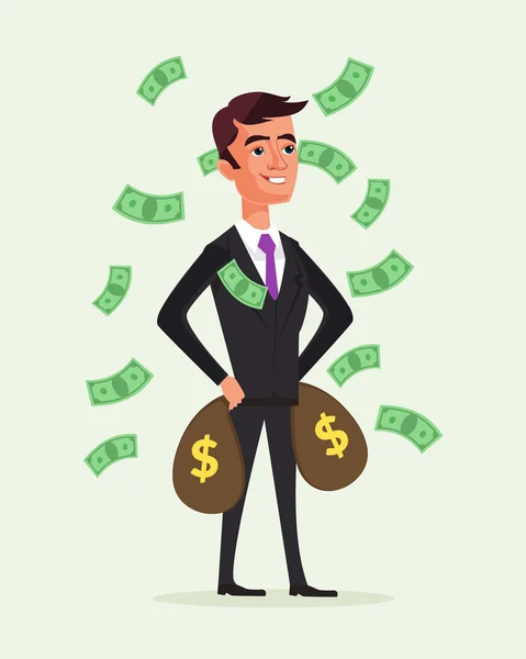 Personagem rico homem de negócios segurar sacos de dinheiro. Conceito de sucesso financeiro. Ilustração de desenho animado plano vetorial — Vetor de Stock