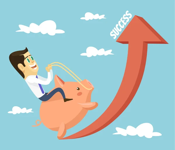 Businessman character riding piggy bank character. Financial success concept. Vector flat cartoon illustration — Stock Vector