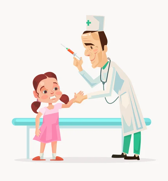 Arztcharakter, der ängstlich Kindercharakterimpfungen macht. Vektor flache Cartoon-Illustration — Stockvektor