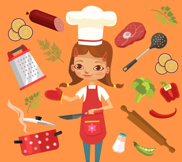 Hora de cozinhar. Cozinheiro personagem menina. Ilustração de desenho animado plano vetorial — Vetor de Stock