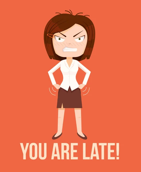 Angry woman boss character. Lateness concept. Vector flat cartoon illustration — Stock Vector