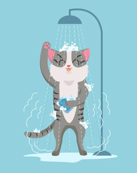 Personaje gato tomando ducha. Vector plano ilustración de dibujos animados — Archivo Imágenes Vectoriales