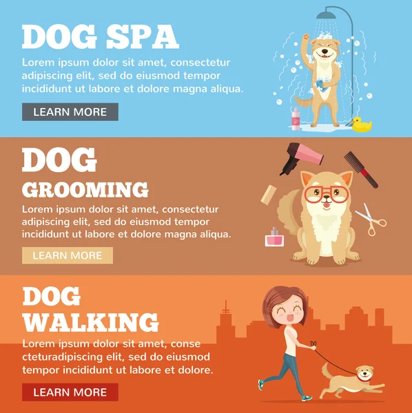 Hund grooming. Hund-tjänst. Vector platt tecknad bild banners set — Stock vektor