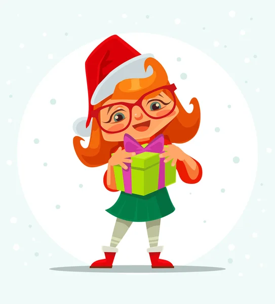 Chica personaje celebrar la caja de regalo de Navidad. Cásate con Navidad. Feliz Año Nuevo. Vector plano ilustración de dibujos animados — Archivo Imágenes Vectoriales