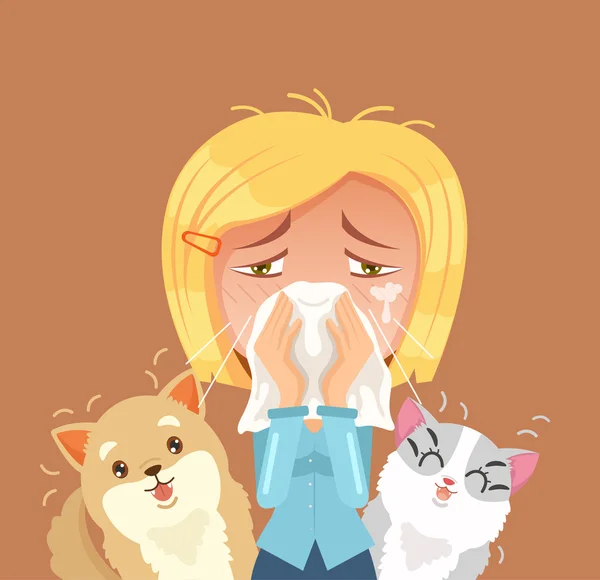 Alérgico a animais domésticos. Personagem de mulher espirra. Ilustração de desenho animado plano vetorial —  Vetores de Stock