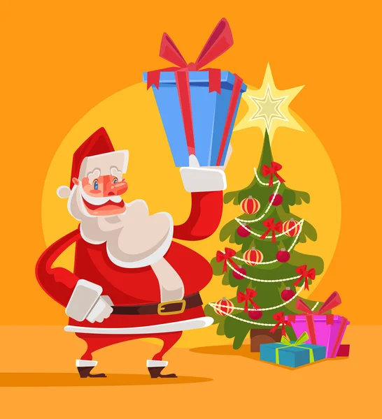 Santa Claus hold gift box with Christmas tree. Marry Christmas. Happy New Year. Vector flat cartoon illustration — Stock Vector