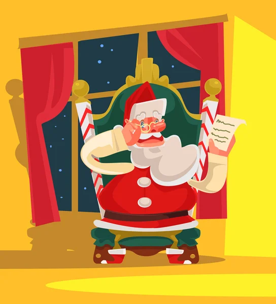 Santa Claus sentado en un sillón y leyendo la lista de deseos de los niños. Cásate con Navidad. Feliz Año Nuevo. Vector plano ilustración de dibujos animados — Archivo Imágenes Vectoriales