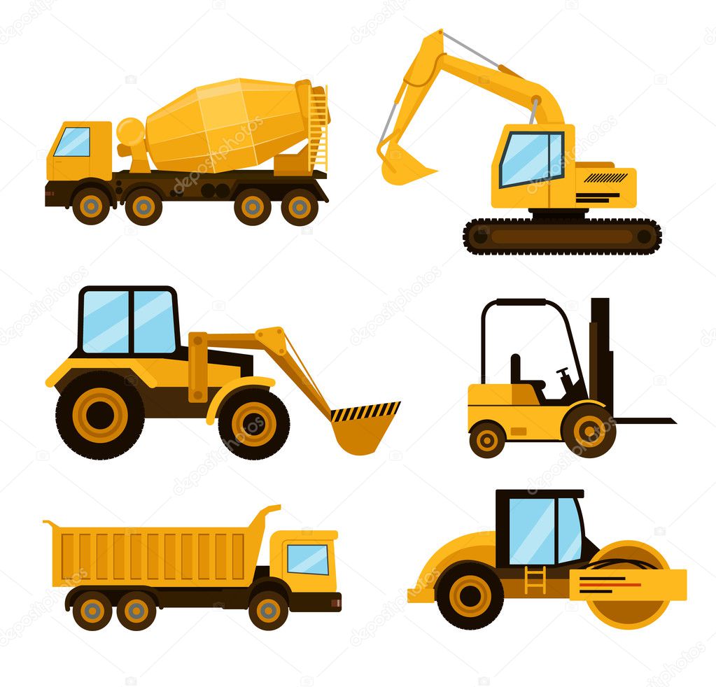 Construction cars icon set. Vector flat cartoon illustration