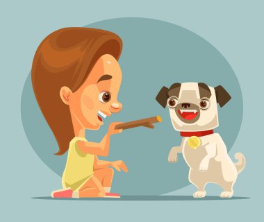 Küçük kız çocuk karakter eğitimi köpek köpek karakteri ile kemik. En iyi dostlar. Vektör düz çizgi film illüstrasyon 