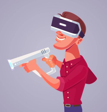 Sanal gerçeklik gözlük ile adam karakter. Vektör düz çizgi film illüstrasyon