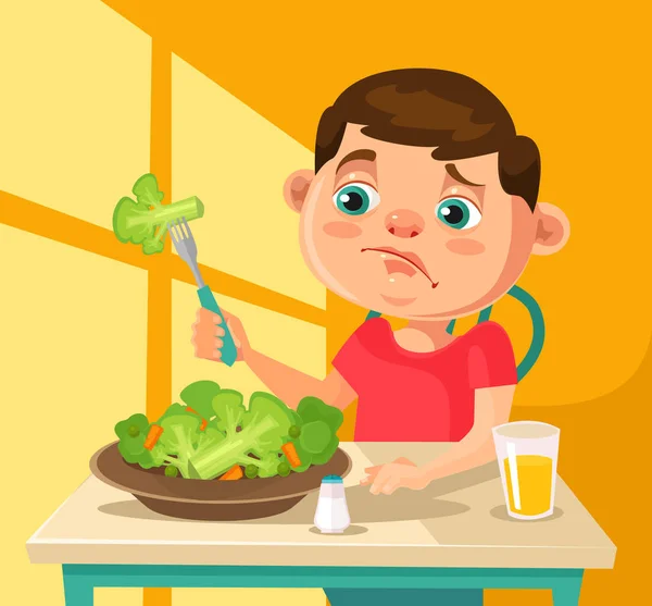 El carácter infantil no quiere comer brócoli. Vector plano ilustración de dibujos animados — Vector de stock