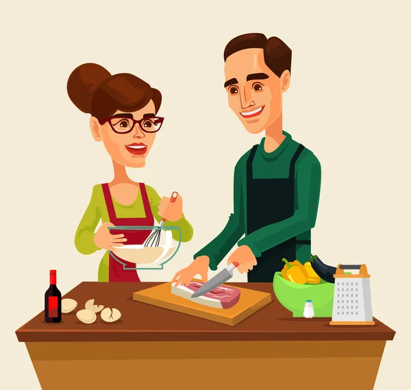 Casal homem e mulher personagens preparando comida juntos. Ilustração de desenho animado plano vetorial — Vetor de Stock