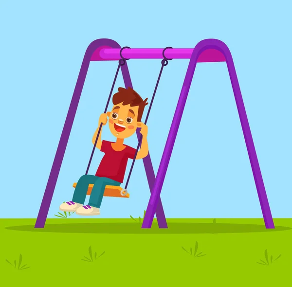 Pequeño personaje de niño balanceándose en swing. Vector plano ilustración de dibujos animados — Archivo Imágenes Vectoriales