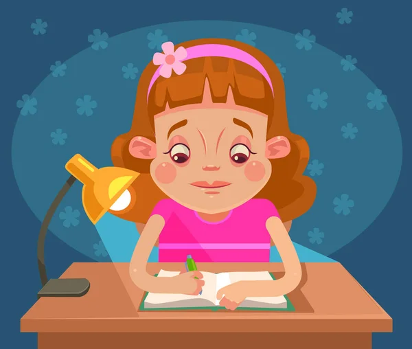 Menina personagem criança fazendo lição de casa. Ilustração de desenho animado plano vetorial — Vetor de Stock