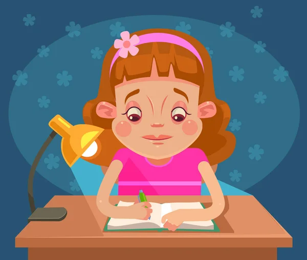 Niño pequeño personaje haciendo la tarea. Vector plano ilustración de dibujos animados — Archivo Imágenes Vectoriales