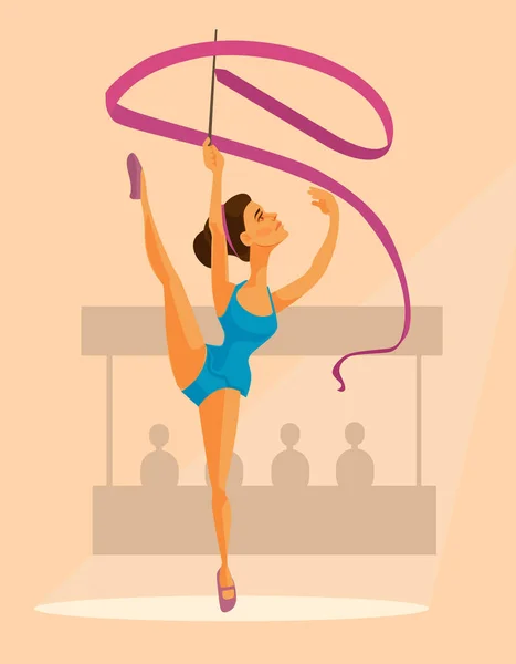 Personaje de gimnasta mujer con cinta. Vector plano ilustración de dibujos animados — Archivo Imágenes Vectoriales