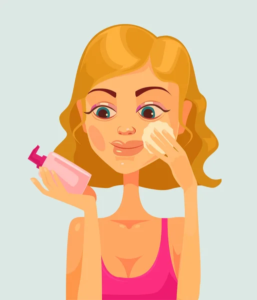 Girl character remove make up. Vector flat cartoon illustration — Stock Vector