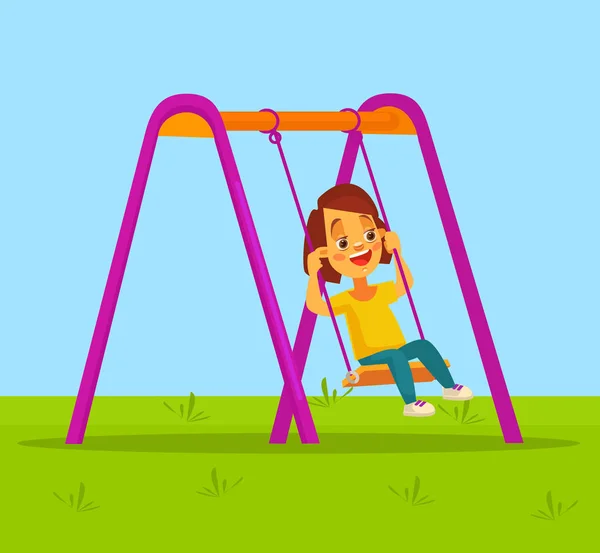 Petite fille personnage balançant sur swing. Illustration vectorielle de dessin animé plat — Image vectorielle