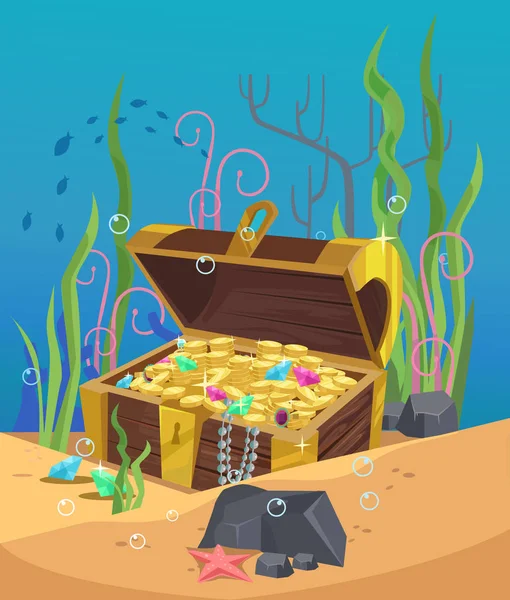 หีบทองบนพื้นมหาสมุทร ภาพการ์ตูนแบนเวกเตอร์ — ภาพเวกเตอร์สต็อก