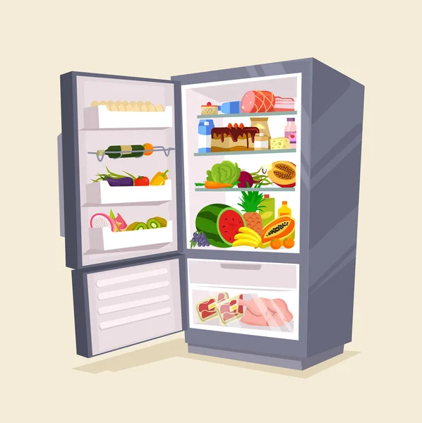 Refrigerador lleno de comida sabrosa. Vector plano ilustración de dibujos animados — Vector de stock