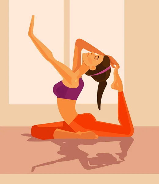 Karakter wanita melakukan yoga. Ilustrasi kartun datar vektor - Stok Vektor