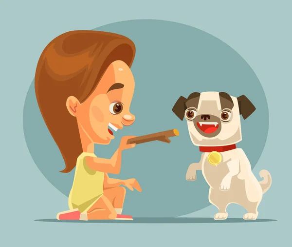 Little girl child character training dog puppy character with bone. Best friends. Vector flat cartoon illustration  Vector Graphics