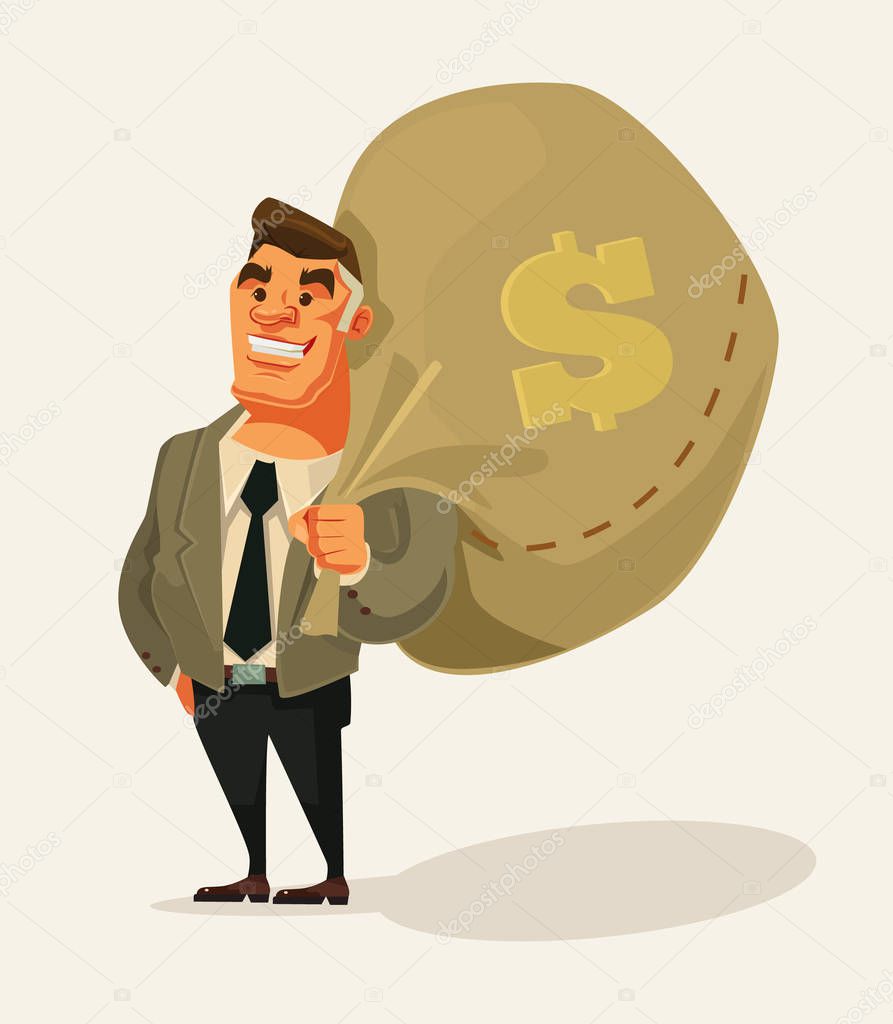 Happy rich businessman character hold big money bag. Vector flat cartoon illustration 