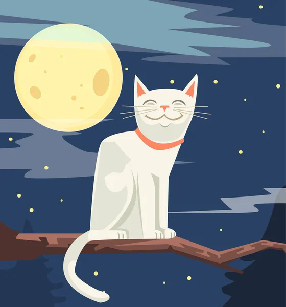 Personaje blanco gato divertido sentado en la rama del árbol. Vector plano ilustración de dibujos animados — Vector de stock