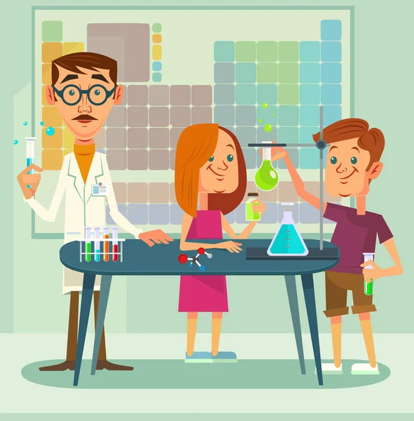 Chemieunterricht. Lehrer und Schüler. Vektor flache Cartoon-Illustration — Stockvektor