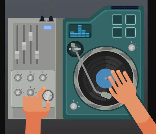 DJ-Controller-Mixer mit Händen. Ansicht oben. Vektor flache Cartoon-Illustration — Stockvektor