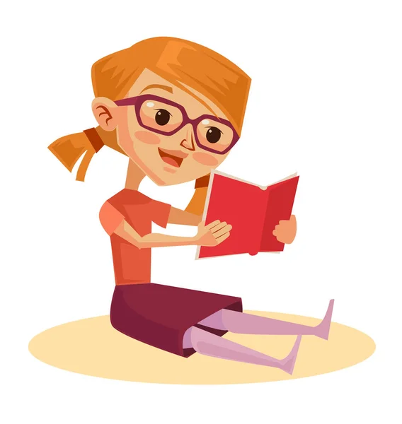 Chica inteligente personaje leer libro. Vector plano ilustración de dibujos animados — Archivo Imágenes Vectoriales