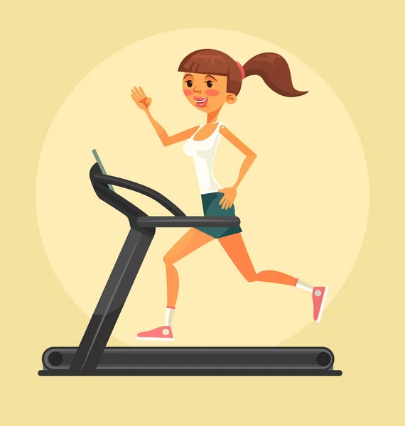Ženská postava běží na běžeckém pásu. Plochý kreslené vektorové ilustrace — Stockový vektor
