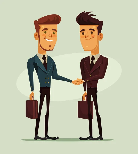 Dos personajes de hombres de negocios dándose la mano. Éxito financiero empresarial. Vector plano ilustración de dibujos animados — Vector de stock